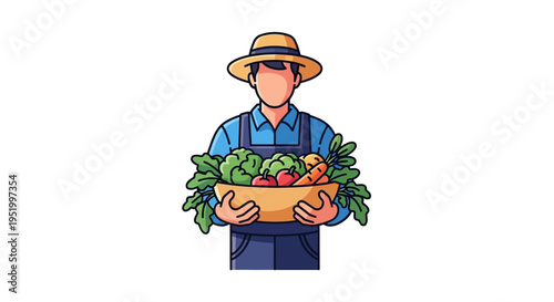 Vector illustration of a farm worker in a blue shirt and apron holding a basket of fresh vegetables on Cesar Chavez Day to promote farm labor solidarity and teamwork