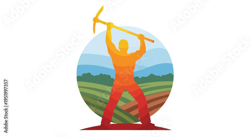 Vector illustration of a farm worker in silhouette celebrating Cesar Chavez Day with a pickaxe, symbolizing farm labor and worker solidarity in a colorful, stylized design