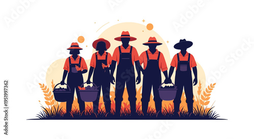 Vector illustration of farm workers in silhouette celebrating Cesar Chavez Day with a solidarity poster in a vibrant, orange-toned design