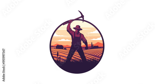 Vector illustration of a farm worker in silhouette celebrating Cesar Chavez Day with a tool in a field at sunset, symbolizing worker solidarity and farm labor rights