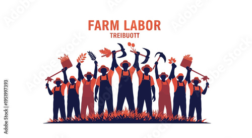 Vector illustration of a group of farm workers in solidarity, celebrating Cesar Chavez Day with raised tools and fists in a vibrant, celebratory scene