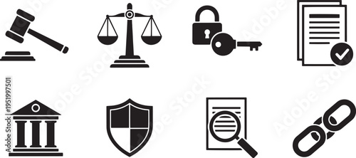 A set of vector line art silhouettes depicting law and justice symbols in a simple design