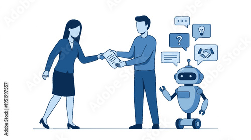 Business people interacting with robot exchanging documents flat illustration