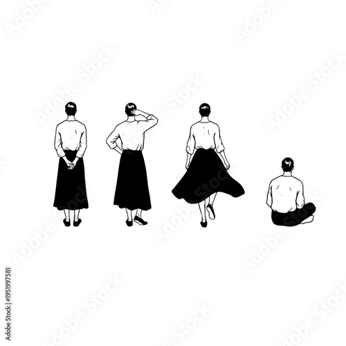 A minimalist black and white line art illustration showing four poses of a person in a long skirt