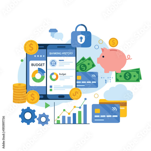 Digital finance elements phone, piggy bank, coins, cards, and chart
