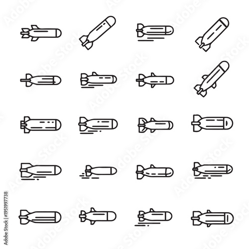 Bomb Icons Set Various Aerial Munitions Military Weaponry Symbols Vector Graphics