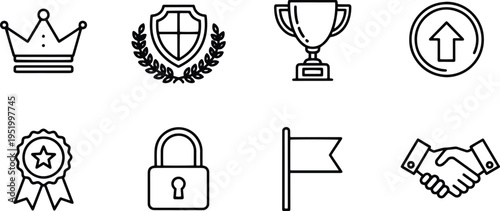 A set of vector line art silhouettes depicting various symbols of achievement and security in a bundle