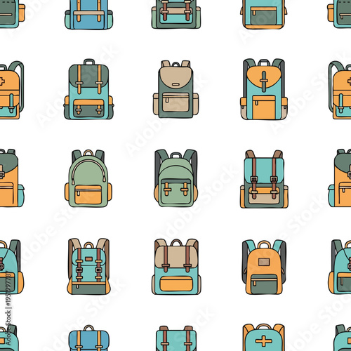 A repeating pattern of colorful, flat-style backpacks with buckle and strap details