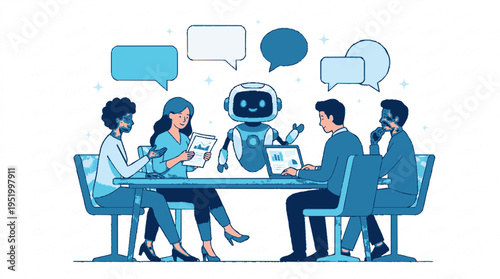Robot joins modern business meeting with diverse team discussing ideas and innovation
