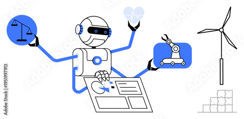 Robotics concept. A robot managing automation, renewable energy through wind turbines, and ethical AI. Robotics driving industrial innovation, technology ethics, and sustainability. Perfect for AI