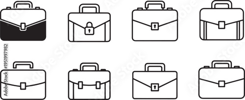 A set of vector line art briefcase silhouettes in various styles and designs for business use