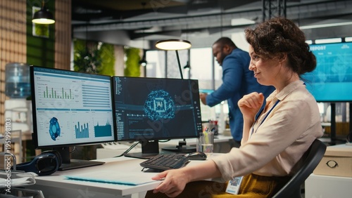 Картината върху платно Female employee being pleased with AI integration success for efficiency recognition, using a synergy of data sharing and optimization models in a co working space