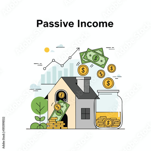 A house with money flowing in from above and into a jar, symbolizing passive income