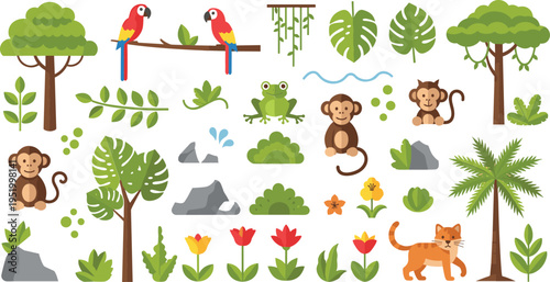 Jungle elements vector illustration set with monkeys, parrots, frog, tropical trees, leaves, flowers and wild nature objects collection design