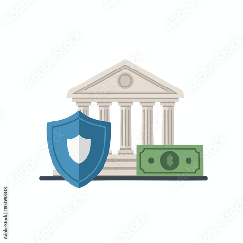 A stylized image of a bank, shield, and money, symbolizing financial security