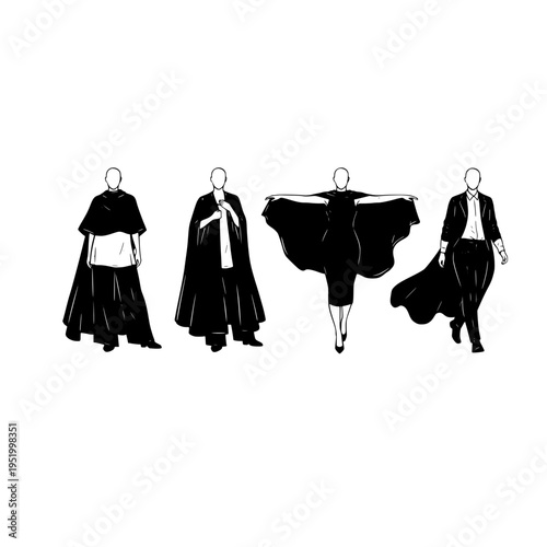 Minimalist black and white fashion illustration showing four diverse styles of caped garments