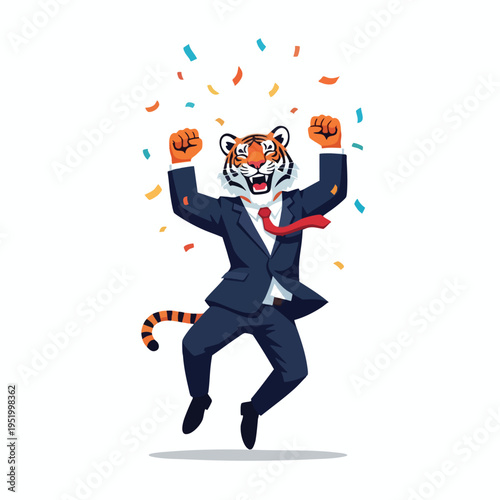 Excited tiger in a suit jumps for joy as confetti rains down
