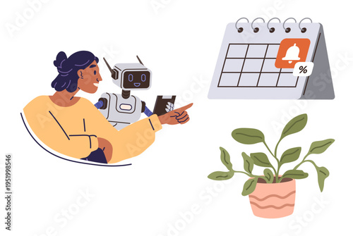 Technology integration, task management, productivity tools, collaboration, automation, scheduling. A woman interacting with a robot alongside a calendar and a plant. Task management and productivity