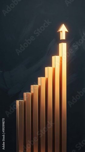Golden Bar Chart Showing Upward Trend with Arrow.