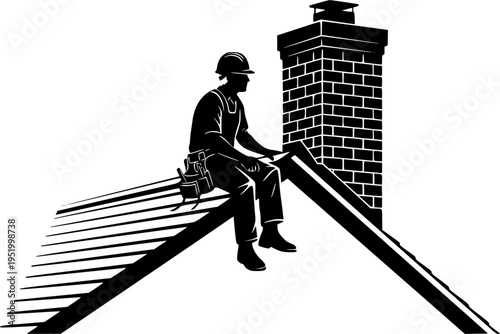 Black and white vector illustration of a professional roofer sitting on a house roof near a chimney during home construction.
