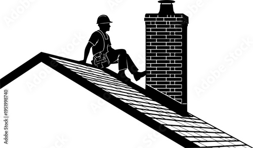 Black and white vector illustration of a professional roofer sitting on a house roof near a chimney during home construction.
