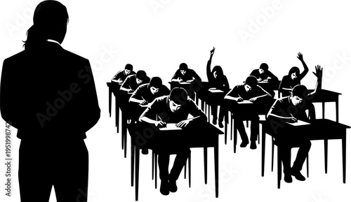 Silhouette of teacher or supervisor monitoring group of students during exam sitting at desks and writing in classroom, educational assessment concept. 