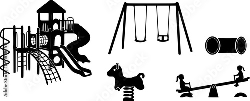 Playground equipment silhouette, slide, swing, seesaw, tube slide, spiral slide, park structure, recreation, cad drawing flat vector illustration
