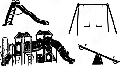 Playground equipment silhouette, slide, swing, seesaw, tube slide, spiral slide, park structure, recreation, cad drawing flat vector illustration
