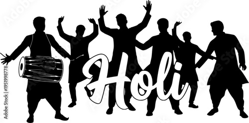 Black silhouette illustration of Indian men celebrating Holi festival with traditional dhol drum, dancing, and jumping joyfully around large Holi text

