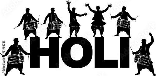 Black silhouette illustration of Indian men celebrating Holi festival with traditional dhol drum, dancing, and jumping joyfully around large Holi text
