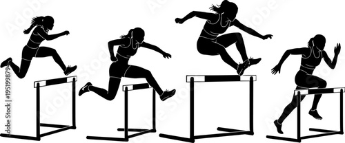 Athletics hurdles silhouette set, female runners jumping over obstacles, track and field athletes training, sprinting competition, sports icons isolated on white background.
