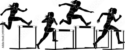Athletics hurdles silhouette set, female runners jumping over obstacles, track and field athletes training, sprinting competition, sports icons isolated on white background.