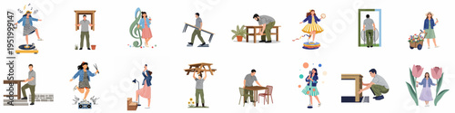 Set of flat vector illustrations showing a man and a woman engaged in various activities like furniture assembly, music, dancing, and gardening.