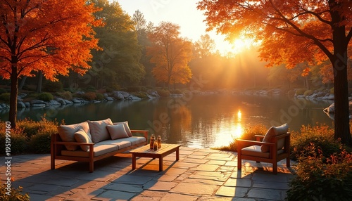 Wooden patio furniture sits by calm water during golden autumn sunset. Orange trees reflect on pond. Peaceful nature scene, serene outdoor relaxation.