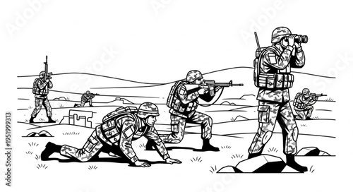 Military Unit in Action - Soldiers Advancing Under Fire.