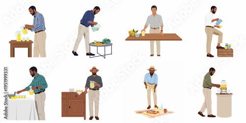 A collection of flat illustrations featuring a man preparing and serving refreshing lemonade in various casual outdoor and indoor settings.