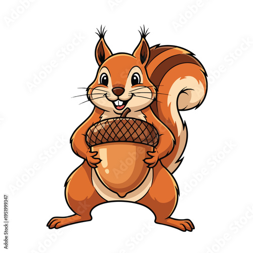 Cute cartoon squirrel holding a large acorn, smiling