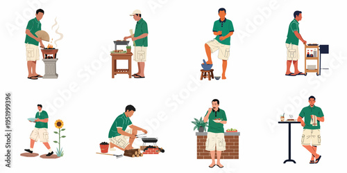 Set of illustrations depicting a man preparing, grilling, and enjoying satay at an outdoor barbecue or street food stall.