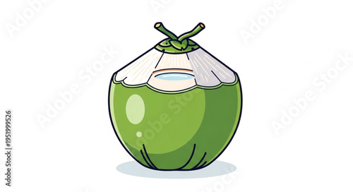 Fresh Green Coconut Illustration with Water and Husk Detail.