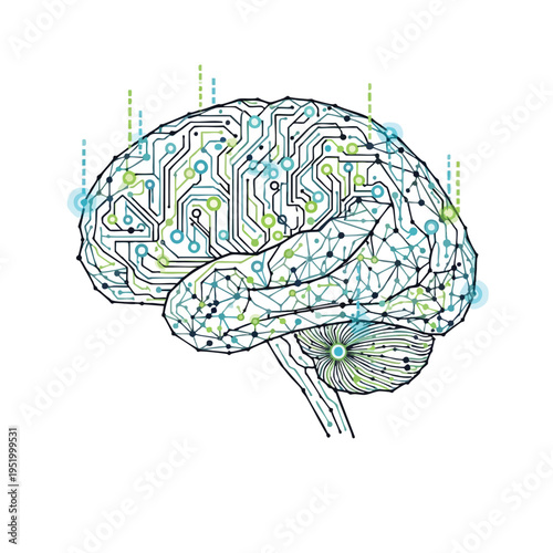 Digital brain with circuit lines and nodes, conveying intelligence, networking, and data flow