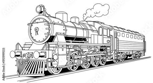 Detailed Line Art of a Classic Steam Train Engine.