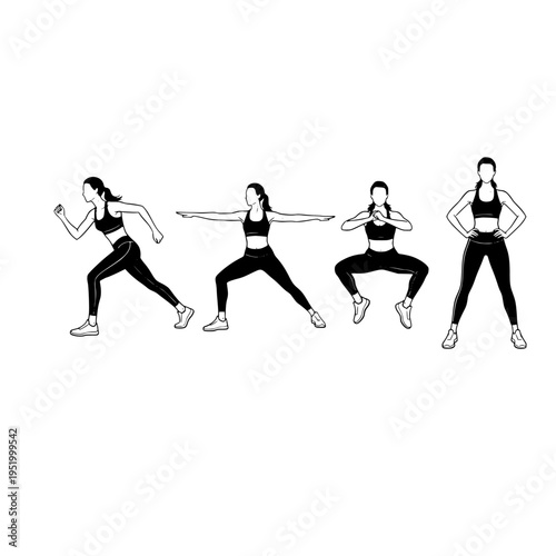 A sequence of four black and white illustrations showing a woman performing various fitness moves