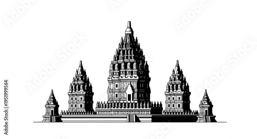 Detailed Illustration of the Prambanan Temple Complex in Central Java.