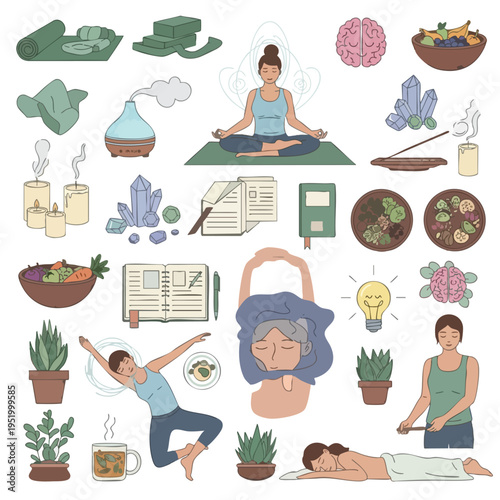 Diverse wellness and self-care illustrations yoga, food, nature, and relaxation