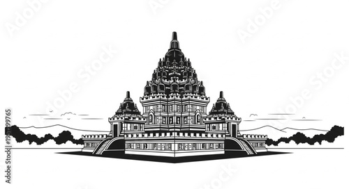 Detailed Line Art Depiction of the Majestic Prambanan Temple Complex.