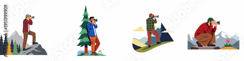 Collection of vector illustrations featuring male photographers capturing nature, mountains, and wildlife in various outdoor settings and landscapes.