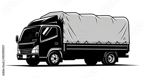 Black and White Illustration of a Covered Truck for Transport.