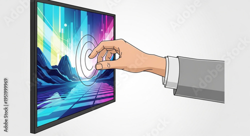 Hand Interacting with a Touchscreen Display with Colorful Graphics.