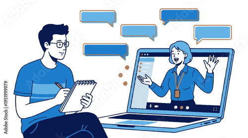 Man in blue shirt with glasses taking notes on a notepad during a remote video call with a woman on a laptop screen communicating