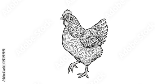 Detailed Line Art Illustration of a Walking Chicken.
